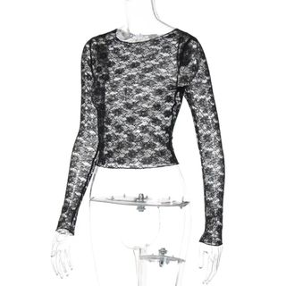 Áo Crop Top ren NICOLOO, Áo thun Bodycon màu trơn lưới hoa, phong cách Y2K xuyên thấu tay dài Slim Fit Tiệc tối Tee Hộp đêm Attire