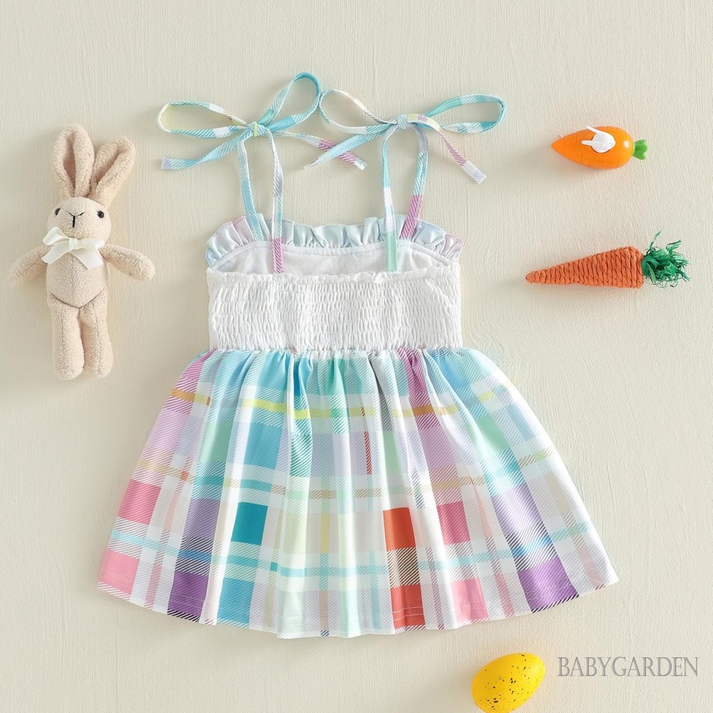 Váy kẻ sọc Phục sinh cho bé gái 6M-4Y | Váy chống nắng dây đeo Spaghetti thêu thỏ