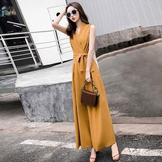 Jumpsuit plus size phong cách phương Tây, quần ống rộng, cổ chữ V slim-fit - Sale 10%