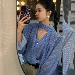 Nền Xanh Trắng Áo Sơ Mi Top Nữ Vải Voan Mỏng Nhẹ, Cổ Chữ V Và Dây Ruy Băng - Thiết Kế Thanh Lịch Cho Mùa Xuân 2026