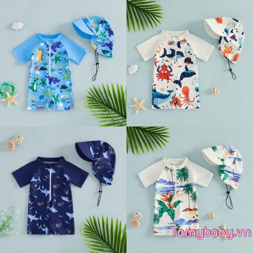 Đồ bơi trẻ em bé trai Rash Guard Cây nhiệt đới / Đồ bơi tay ngắn in hình động vật biển có nắp bơi