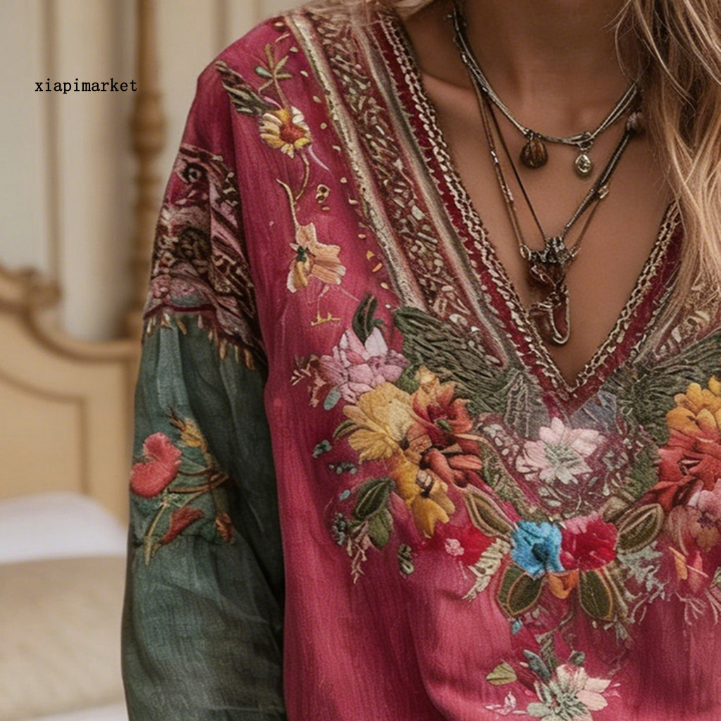 XIA | Áo Phông Chữ A Cổ Chữ V Tay Dài Thêu Hoa Phong Cách Bohemian Dân Tộc