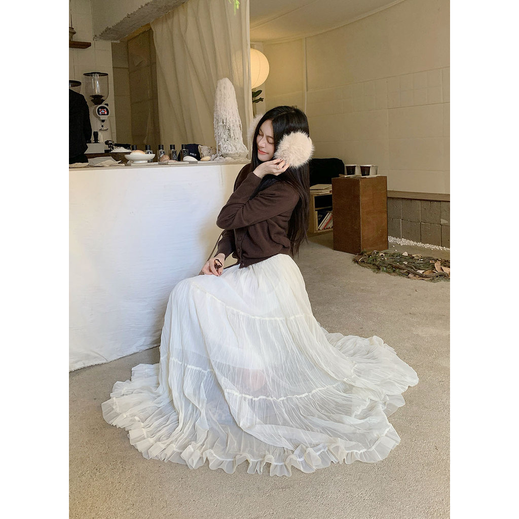 SUXI Váy Midi nữ mới mùa xuân Váy xếp nếp chữ A có chiều rộng cao giản dị 260312