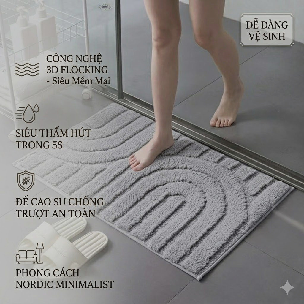 [Nordic Style] Thảm Lau Chân Nhà Tắm Lông Tuyết Flocking Siêu Thấm Hút - Thảm Chống Trượt 3D Dày Dặn Decor Cửa Ra Vào Phòng Ngủ - Morandi Grey