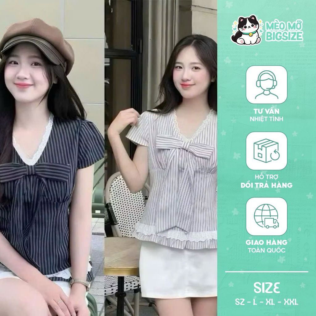 Mèo Mỡ Bigsize — Áo kiểu sơmi cổ V sọc kẻ phối ren đính nơ bigsize 60-90kg