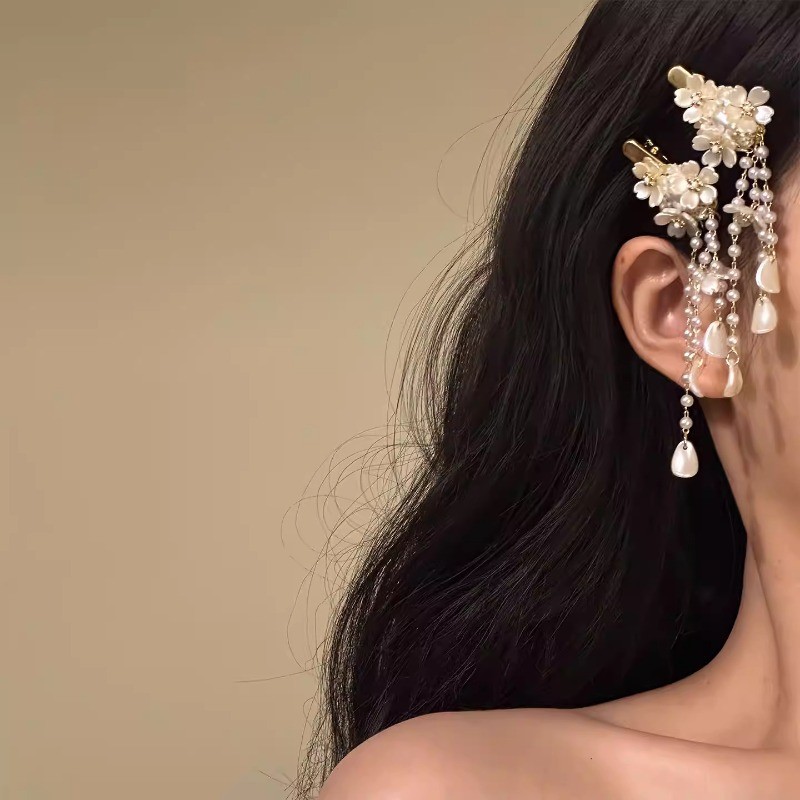 Kẹp tóc nữ thiết kế hoa anh đào trắng và mặt trăng, tua dài, phong cách mùa xuân