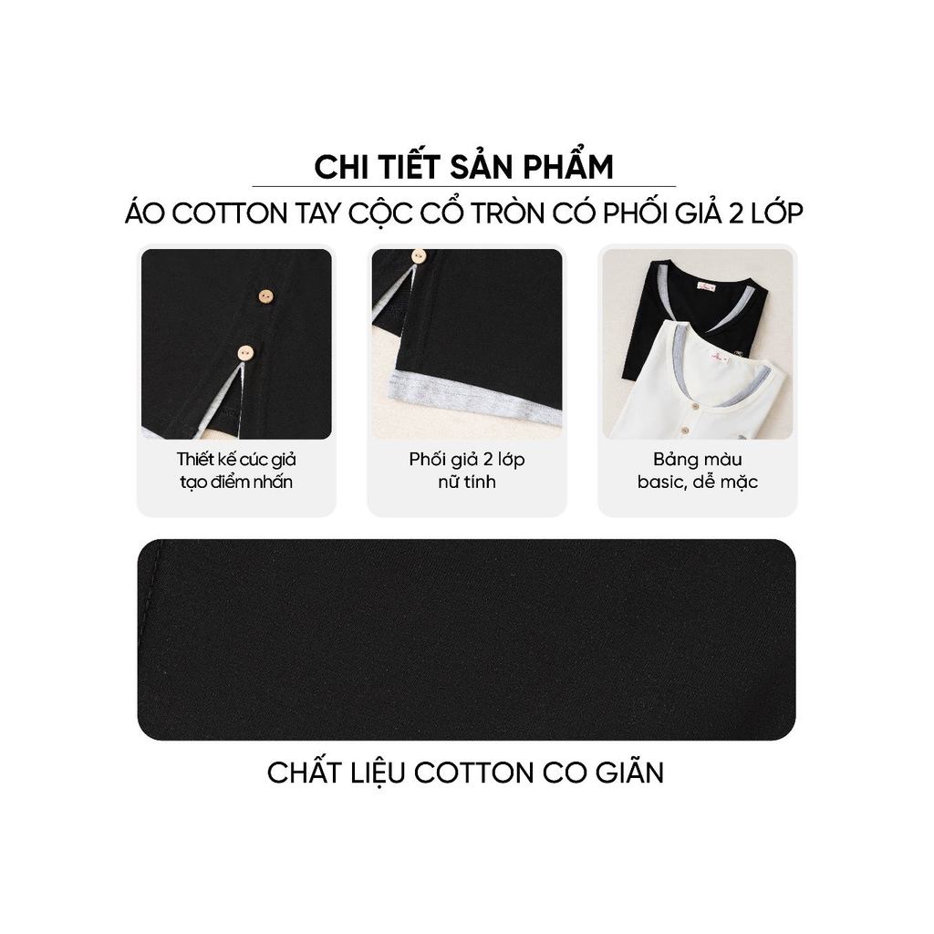 Áo phông nữ CARDINA chất cotton tay cộc cổ tròn phối cổ giả 2 lớp 6ATC15