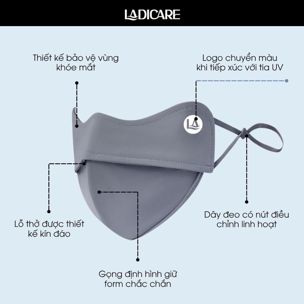 Khẩu trang UV LADICARE UPF50+ chống nắng, tia UV tới 99% vải lụa băng cao cấp, mềm mại, thoáng mát