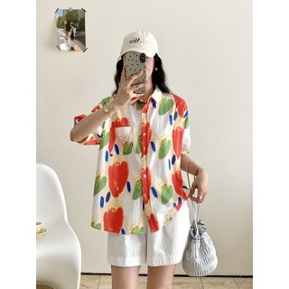 Sẵn sàng - Áo sơ mi nữ tay ngắn 100% sợi cotton cao cấp mùa xuân 2026, thiết kế hoạt hình ngọt ngào với họa tiết graffiti