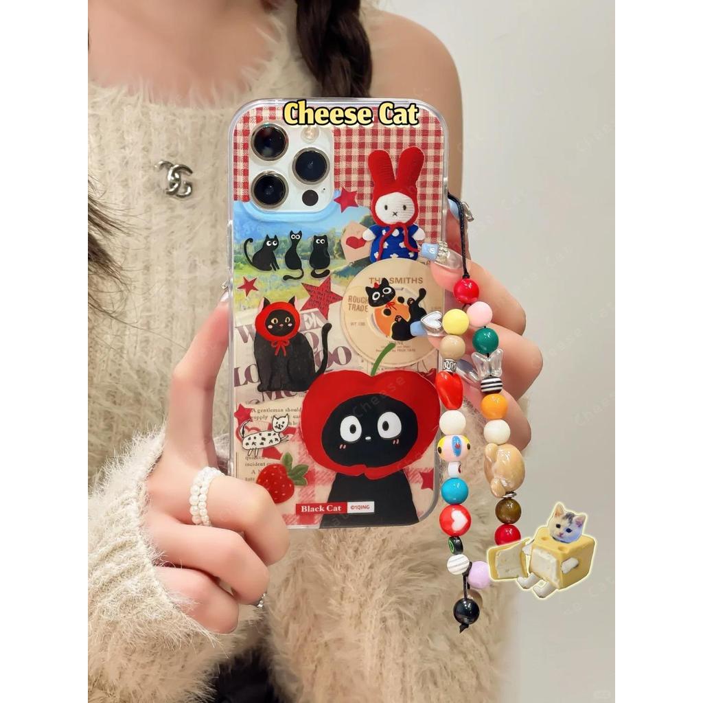 Ốp điện thoại thỏ và mèo đen Apple màu đỏ tía siêu dễ thương cổ điển cho iPhone 13 14 11 12 15 16 17 Pro Max 7 Plus Xs