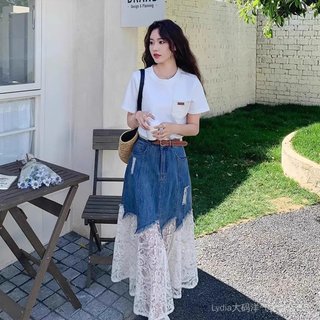 Váy mùa hè nữ plus size chất liệu denim và ren, thiết kế thời trang