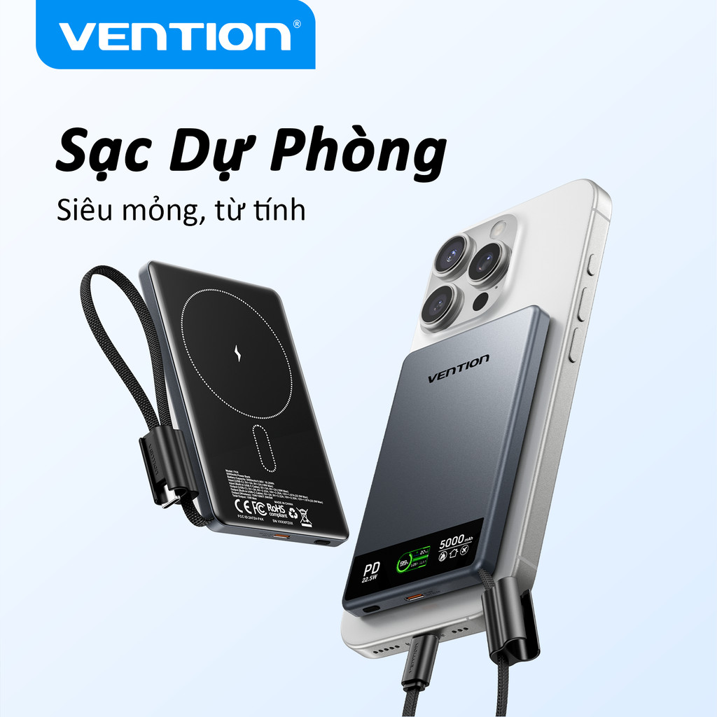 【Hàng mới 2026】Vention 5000mAh – Sạc dự phòng không dây từ tính siêu mỏng 15W, Màn hình TFT, Tương thích iPhone, Xám đậm