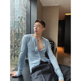 Áo sơ mi nam gợi cảm mùa hè, thoáng khí, tay dài, thời trang