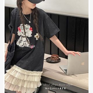 Váy liền cho bé gái kiểu áo thun - váy in hình phối chân váy lưới xếp tầng dễ thương mùa hè