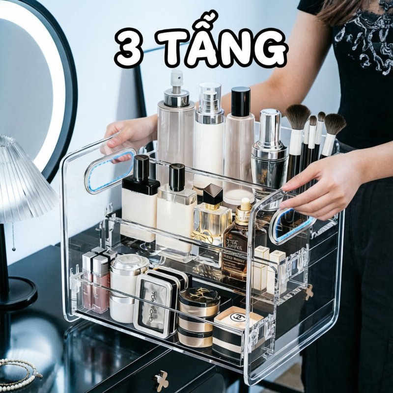 Hộp đựng mỹ phẩm 3 tầng hình thang PET trong suốt đa năng đựng vật dụng nhỏ dễ di chuyển gọn gàng