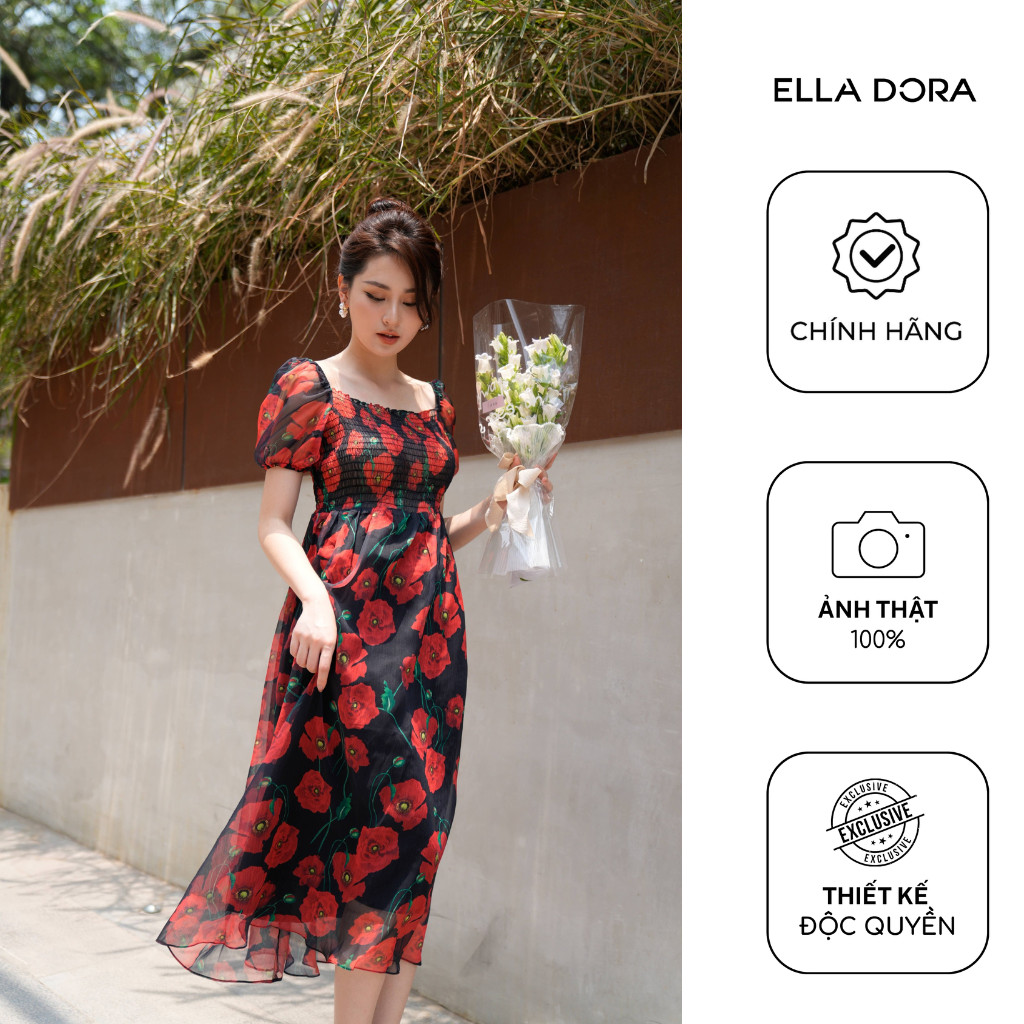 Đầm hoa nữ ELLA DORA thiết kế cổ vuông dáng xòe phong cách thanh lịch sang trọng [D56]