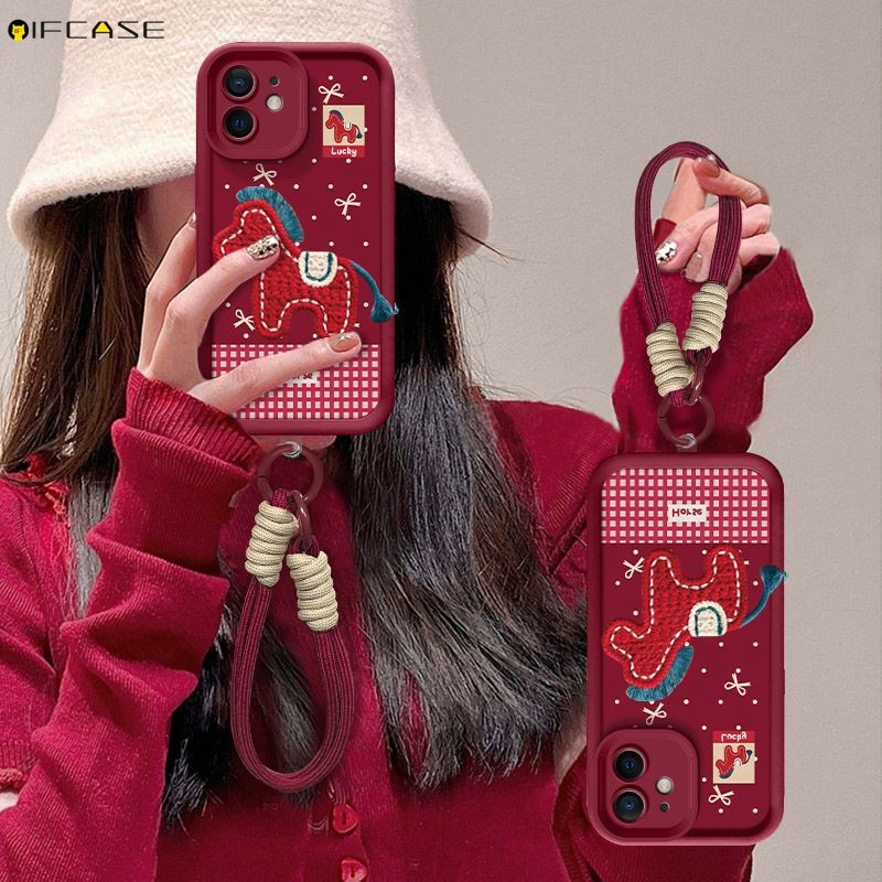 Dành Cho OPPO Reno 7 7Z 6 6Z 5 4 Pro Lite 5Z 5K 5F 4F 3 2 2Z 2F 5G 4G Vỏ Điện Thoại Có Dây Buộc Sang Trọng Thêu Ngựa Đỏ Năm Mới Hoạt Hình Dễ Thương Chống Rơi Vỏ