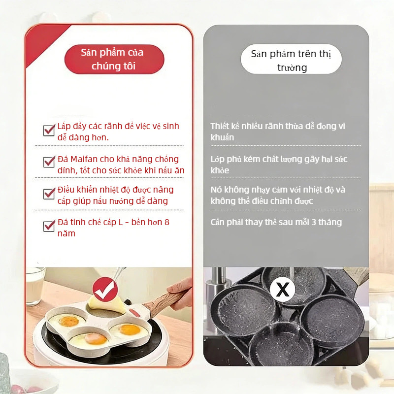 Chảo Chiên 4 Ngăn Chống Dính Cao Cấp Đa Năng - Tay Cầm Gỗ Chống Nóng, Dễ Vệ Sinh, Dùng Mọi Bếp