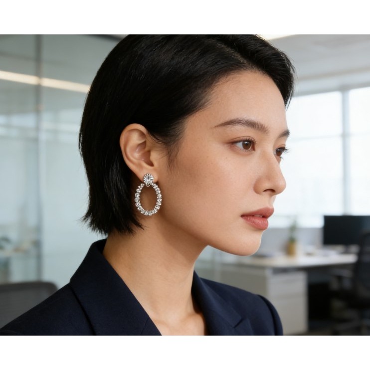 Trang sức bông tai nữ phong cách Hàn Quốc, thiết kế hình học với kim cương giả