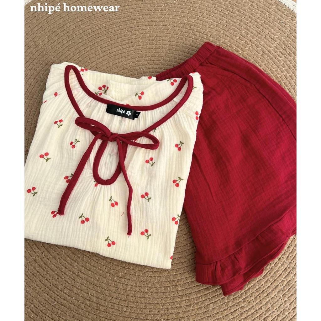 Bộ đồ ngủ tay ngắn quần đùi nhipé homewear nữ set đồ ngủ mặc nhà chất liệu xô muslin cao cấp mềm mịn mát họa tiết cheri
