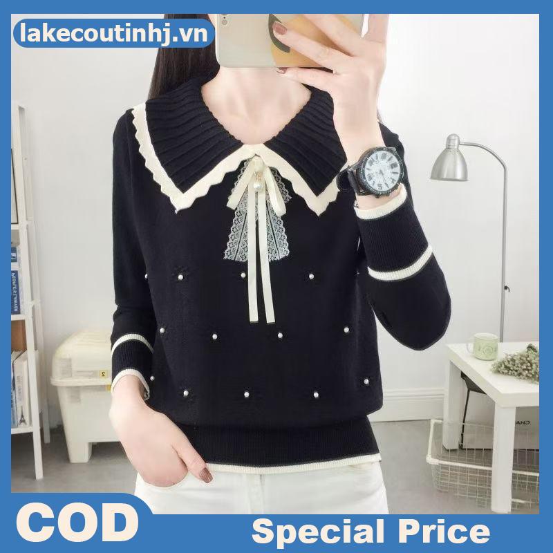 Áo len Hàn Quốc cổ búp bê dài tay, nơ ngọt ngào và hạt đính cườm dành cho nữ