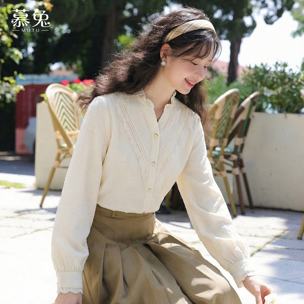 Mutu Pháp Áo Sơ Mi Nữ Mùa Xuân Mỏng Hơn, Cổ Chữ V, Tay Dài - Thiết Kế Retro Niche