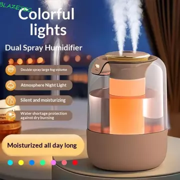 Máy phun sương để bàn BLAZETEC, Máy tạo độ ẩm không khí có thể điều chỉnh 3 chế độ, Công suất lớn an toàn Đèn ngủ đầy màu sắc Vòi phun kép Máy lọc không khí phun sương Sử dụng tại nhà