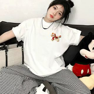 HIIXIIVI 2026 CNY Tết Nguyên Đán Ngựa 100% Cotton Tay Ngắn Oversize Unisex Áo Thun Plus Size Người Phụ Nữ Tee Baggy Hoạt Hình Áo