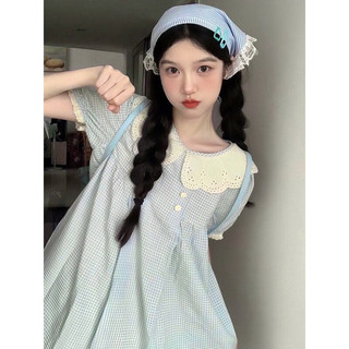 [Pre-Order]-Đầm Tiểu Thư Cổ Búp Bê Dáng Ngắn, Hoạ Tiết Caro Phối Ren Xinh Xắn (KHÔNG KÈM QUẦN ĐÙI TRONG)