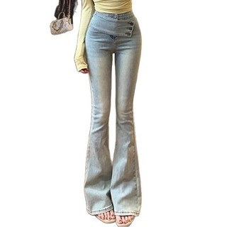 Quần jean nữ ống loe cạp cao thắt lưng khóa chéo co giãn cao phong cách thuần dục wash sáng Closet Diary