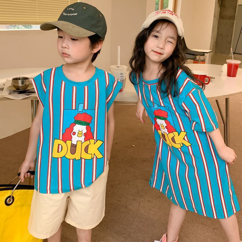 Bộ đồ Brother Sister Áo thun ngắn tay sọc mùa hè 90-140 Size K2VR