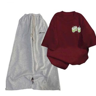 Bộ đồ Quần dài da cá xám đậm chữ kí +kèm áo phông  MÀU ĐỎ hình in sắc nét chữ nổi -thuba94