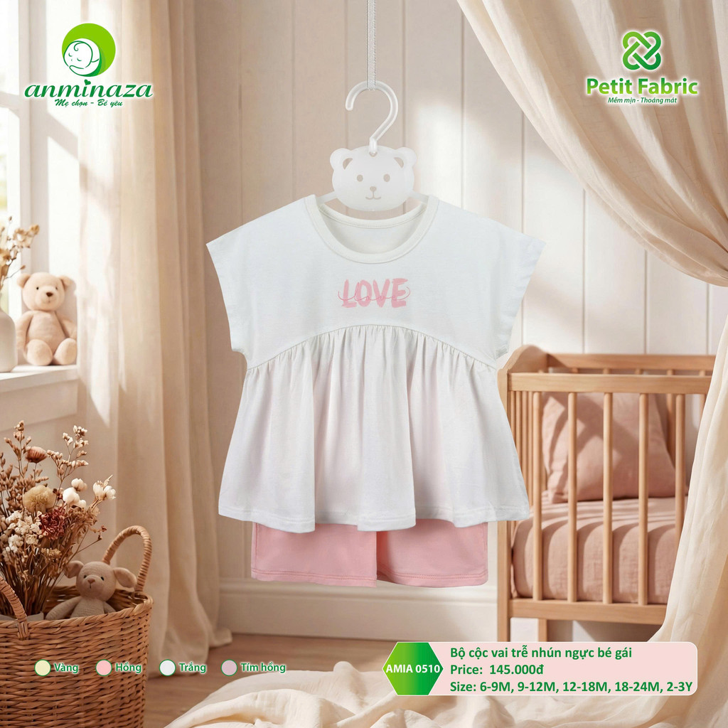 Bộ Cộc Tay Trễ Nhún Ngực Bé Gái Anminaza Vải Sợi Tre Petit Mềm Mại Thoáng Mát - Hàng Chính Hãng AMI0510