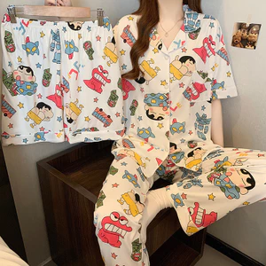Shop Crayon Shin-Chan Hoạt Hình Bộ Đồ Ngủ Nhật Bản Nữ Mùa Hè Quần Áo Nhà Ngọt Ngào Tay Ngắn Có Thể Mặc Bên Ngoài Bộ Đồ Ba Mảnh