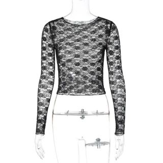 Áo Crop Top ren NICOLOO, Áo thun Bodycon màu trơn lưới hoa, phong cách Y2K xuyên thấu tay dài Slim Fit Tiệc tối Tee Hộp đêm Attire