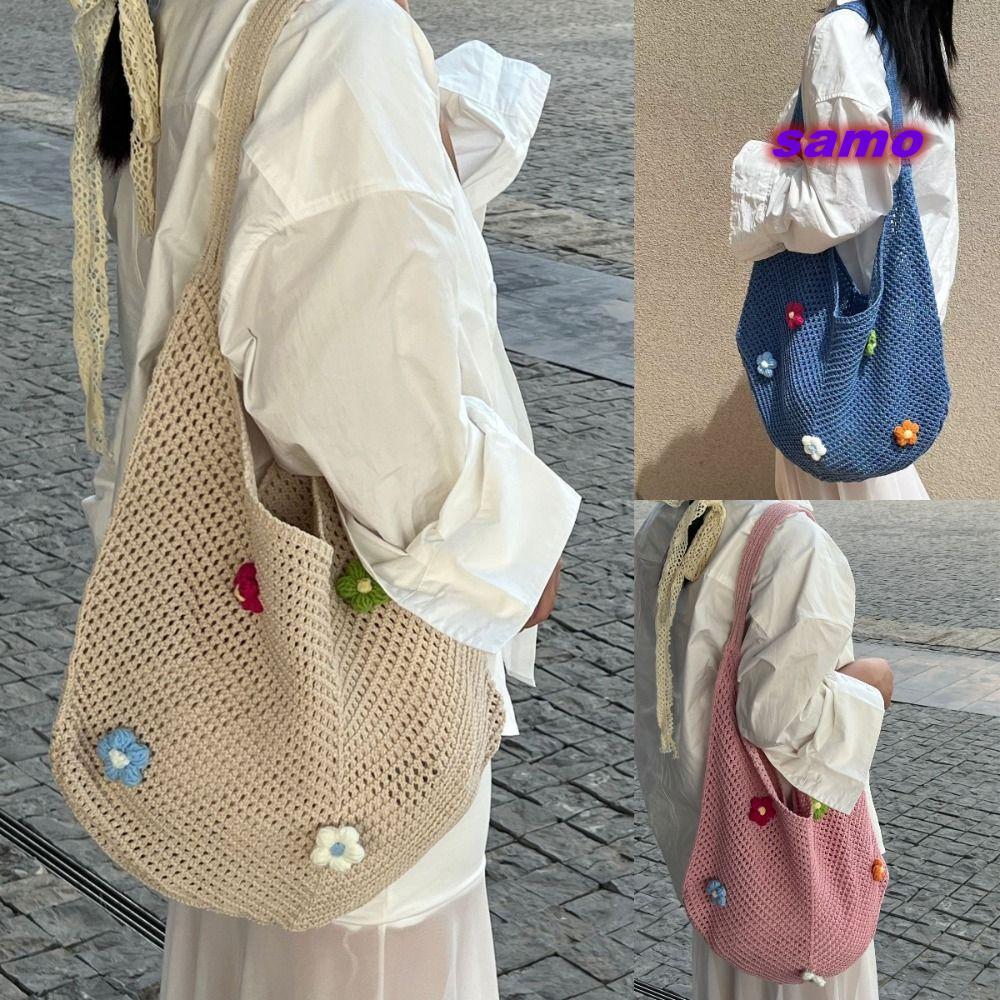 Túi dệt hoa Boho rỗng, túi đeo vai dung tích lớn màu trơn, túi đeo chéo nữ