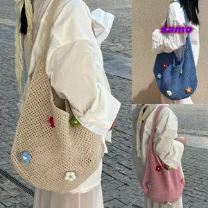 Túi dệt hoa Boho rỗng, túi đeo vai dung tích lớn màu trơn, túi đeo chéo nữ