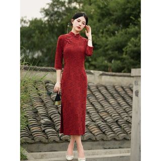 Váy sườn xám dài vừa phải cho Nữ màu đỏ, thanh lịch và ôm dáng, sang trong cao cấp
