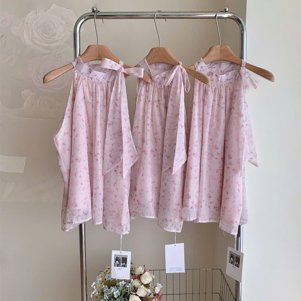 Áo voan cổ yếm buộc nơ dáng suông họa tiết hoa nhí ngọt ngào kiểu Pháp BASHOP SP437