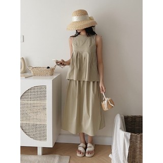 Set Váy Áo Babydoll Ba Lỗ Xếp Ly Kèm Chân Váy Kaki Dáng Dài Hàn Quốc, Set Đồ Bộ