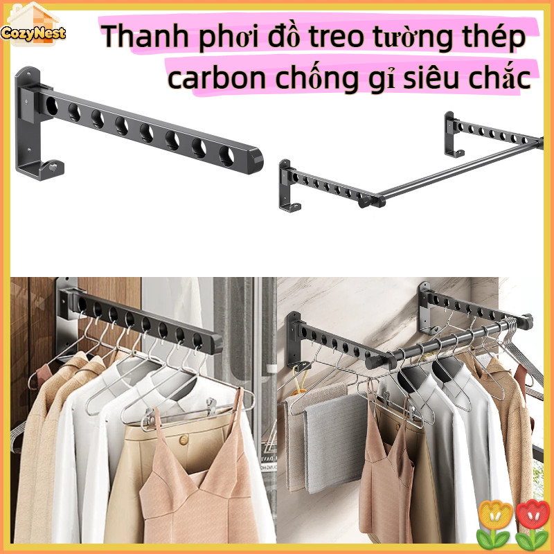 Thanh phơi đồ treo tường thép carbon chống gỉ siêu chắc, lắp khoan/dán cho ban công phòng tắm