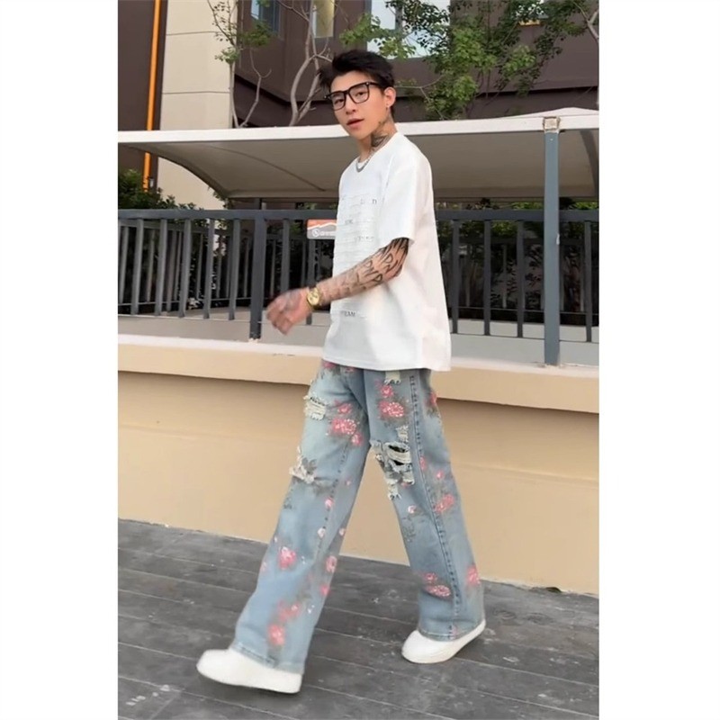 Quần Jean Nam Mùa Hè Phong Cách High Street, Thiết Kế Rách và Hoa Hồng