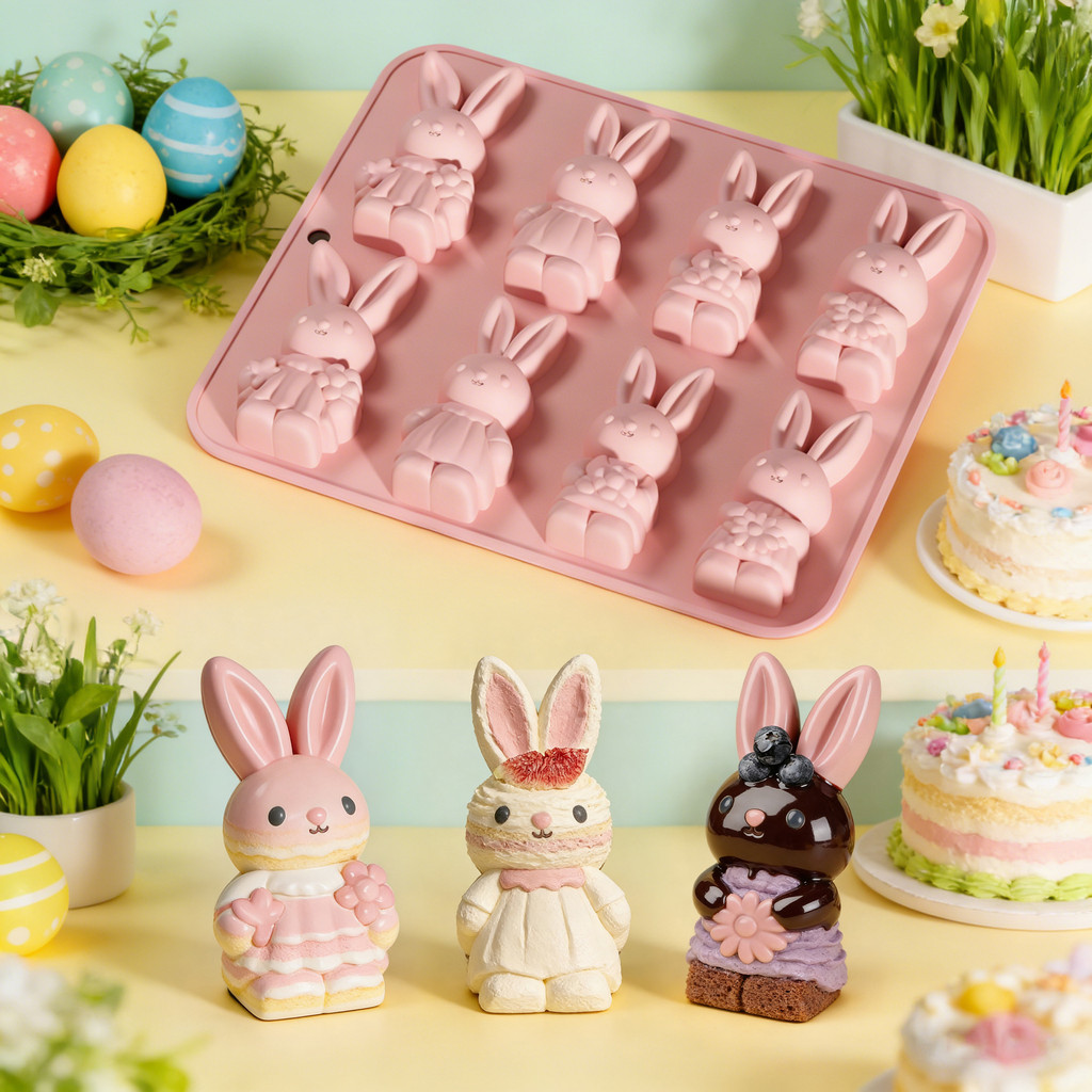 Khuôn silicon hình chú thỏ Phục sinh 8 khoang cho bánh mousse Pháp, bánh pudding, thạch, sô cô la, làm bánh DIY, thạch cao hương liệu và xà phòng thủ công