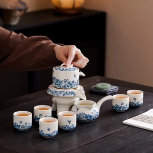 Bộ Ấm Chén Pha Trà Đạo Bằng Sứ Cảnh Đức Trấn Họa Tiết Đẹp Mắt (Dáng Cối Xay, Kèm Hộp Quà)