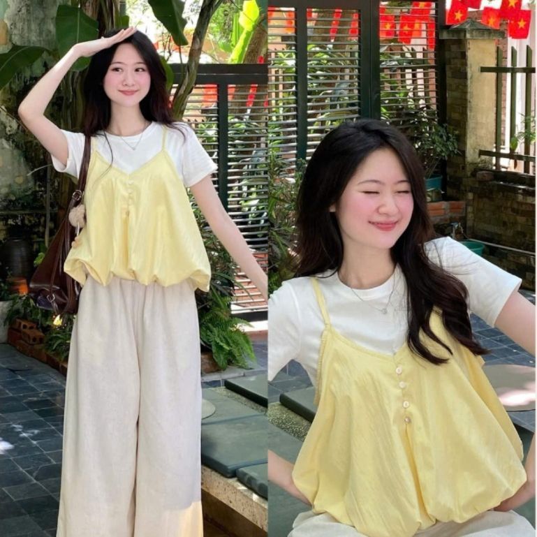 Set Yếm Nữ 2 Dây Dáng Bí Cúc Dọc Kèm Áo Thun Trơn (Có Bán Lẻ Yếm) Kenco clothing M377807 Thời Trang Nữ - Sam Botique