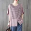 Áo thun ngắn tay bằng vải lanh cotton lụa băng mới mùa hè dành cho nữ, áo thun sọc giản dị phong cách cổ điển dành cho nữ