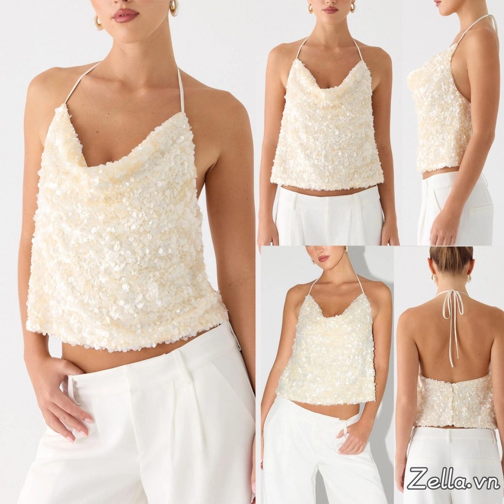 Áo Tank Top Crop Halter KimSa Lấp Lánh Phong Cách Cổ Bò Cho Mùa Hè