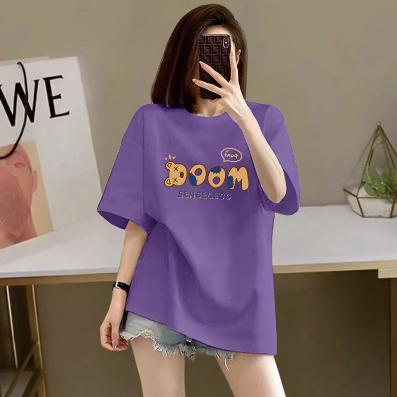 Áo thun nữ cotton nguyên chất cao cấp, phong cách mới mùa hè, áo thun tay ngắn cổ tròn in họa tiết