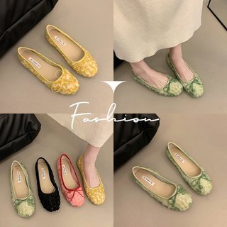 Giày Đế Bằng Nữ Mũi Tròn Slip-On Nông Miệng Nơ