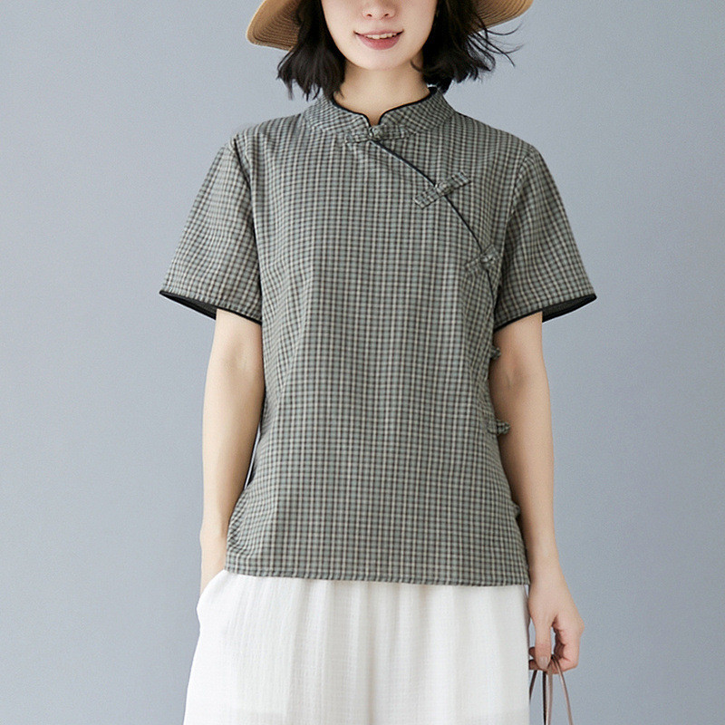 Mới Sườn Xám Trung Quốc Plus Kích Thước Cải Tiến Sườn Xám Retro Cotton Kẻ Sọc Khóa Tay Ngắn Đứng Cổ Áo Cải Tiến Quần Áo Nữ